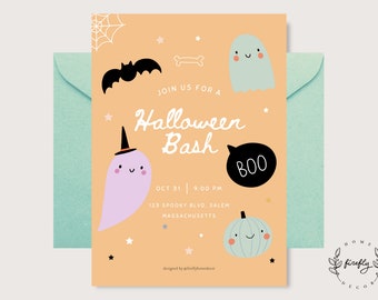 May include: Halloween Bash invitation with a light orange background, featuring a bat, spiderweb, ghost, pumpkin, and the text "Halloween Bash". Includes the date, time, and address. A teal envelope is behind the invitation.