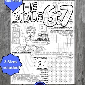 以下が含まれることがあります： 白黒印刷可能な聖書をテーマにしたアクティビティシート。迷路、単語検索、聖書の詩句を含む塗り絵エリアがあります。「Digital PDF Download」と「3 Sizes Included!」のテキストが含まれています。