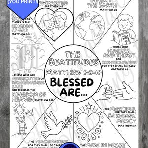 Könnte beinhalten: Schwarz-weiße Illustration der "Seligpreisungen" aus Matthäus 5:3-10, ein digitaler PDF-Download. Das Bild zeigt Illustrationen von Menschen, einer Taube, einem Herzen und Text aus der Bibel. Der Text enthält "Selig sind..."