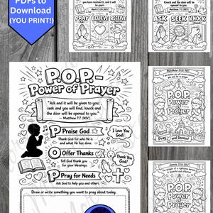 Puede incluir: Una colección de ocho archivos PDF digitales para descargar e imprimir, con ilustraciones en blanco y negro sobre el tema de la oración. Los diseños incluyen el texto "P.O.P. Power of Prayer" y versículos bíblicos, con indicaciones para la reflexión y actividades.