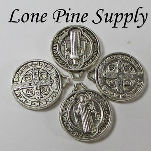 1/2 Inch Round Tibetan Silver Christian Charms. Saint on One Side Cross on The Other. This is Saint Benedict.