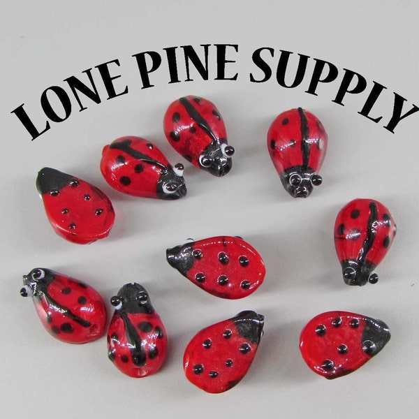 10 Ladybug Beads. Red Ladybug Beads, Lamp Work Hand Blown Beads,