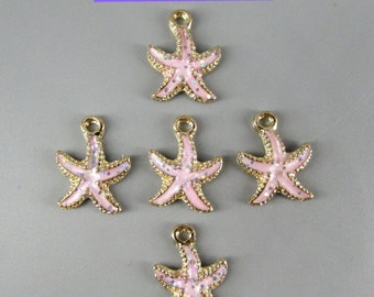 5 Starfish Charm, Gold Tone and Pink Starfish Charm. Star Fish Charm. Sold in Sets of 5.