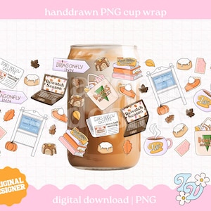 May include: A digital graphic design for a cup wrap featuring hand-drawn illustrations of a Stars Hollow Gazette newspaper, Dragonfly Inn signs, Doose's Market bags, Luke's mugs, stacks of books, laptops with Rewatch Season text, and autumn leaves.