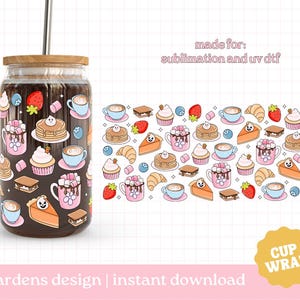 Envoltura de taza de doodle de golosinas PNG, envoltura de lata de vidrio de 16 oz, envoltura de taza de invierno de Navidad de Acción de Gracias linda de comida reconfortante PNG, taza de vidrio, envoltura de vidrio Libby