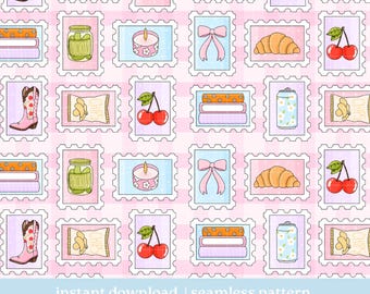 Girl Life Stamps Seamless Pattern, Digital Download, Seamless Pattern, Girly Girl Pattern Design, Repeat Pattern
