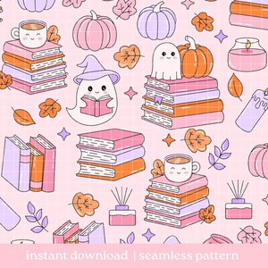 Cutesy Ghostie Bookish Seamless Pattern, fall autumn pink halloween Seamless pattern, Digital Download, Repeat Pattern