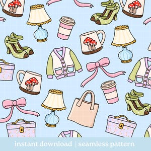 Puede incluir: Patrón sin costuras con ilustraciones de una rebeca, tacones altos, una taza de café, un bolso, una lámpara, un lazo y una caja floral. El patrón está sobre un fondo azul claro con un diseño de cuadrícula. El texto "instant download | seamless pattern" está en la parte inferior.