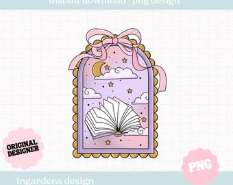 May include: A digital PNG design featuring a book with open pages, clouds, stars, and a crescent moon inside a decorative frame. The frame is adorned with a pink bow and ribbon. Text includes "instant download | png design", "original designer", and "ingardens design".