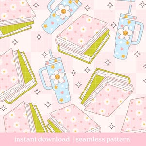 Bookish Girlie Seamless Pattern, Cafe Coffee Pattern, Digital Download, Seamless Pattern, Repeat Pattern