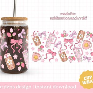 Pink Essentials Cup Wrap, 16oz Glass Can Wrap, coquette coffee PNG, Glass Cup, Libby glass can wrap