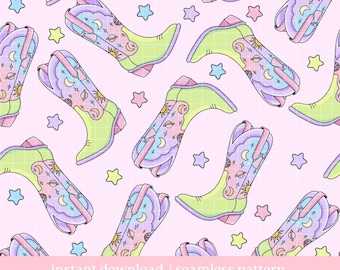Cosmic Cowgirl Seamless Pattern, Seamless pattern, Cute Cowgirl Boots seamless pattern, Digital Download, Repeat Pattern