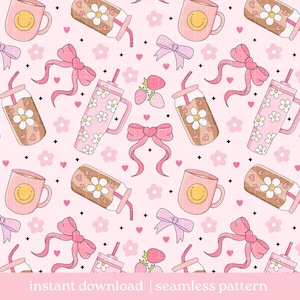 Patrón sin costuras de elementos esenciales rosados, patrón de niña suave, descarga digital, patrón sin costuras, diseño de patrón de niña femenina, patrón repetido