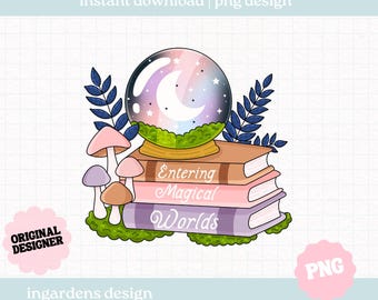 Entering Magic Worlds PNG, Bookish Magic PNG, digitaler Download Kunst für T-Shirt, Aufkleber, Tassen, Tragetaschen und mehr