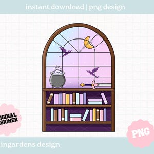 Könnte beinhalten: Digitale Illustration eines Bücherregals mit einem Fenster, das einen Halbmond und Fledermäuse zeigt. Ein Kessel blubbert auf dem Regal, und ein Schwert liegt neben Büchern. Der Text "instant download | png design" und "ingardens design" ist enthalten.