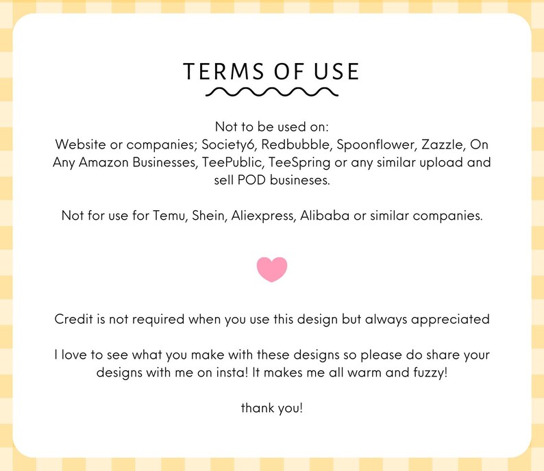 a text box with a pink heart symbol, and it contains a list of terms of use for a design service.
