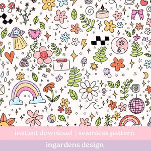Hand drawn Doodles Seamless Pattern, Digital Download, Seamless Pattern, Retro Pattern Design, Repeat Pattern