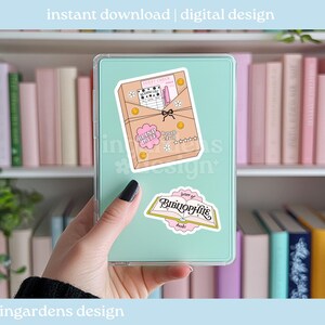 May include: A mint-colored tablet case with stickers. The stickers include a brown envelope with a checklist, pen, and bow, and the text "Blind Date Book Club". Another sticker says "Letter of Bibliophile Books". The text "instant download | digital design" is at the top.