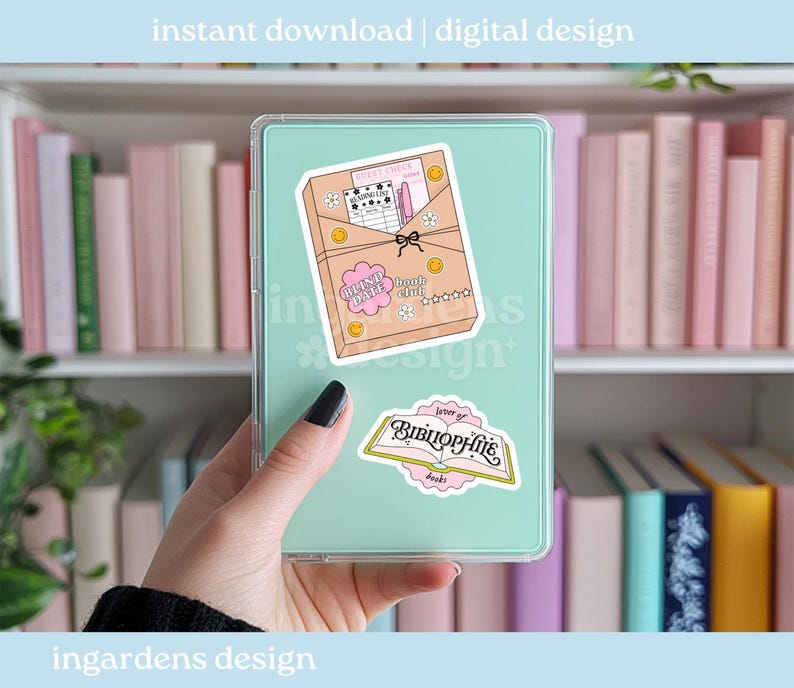 May include: A mint-colored tablet case with stickers. The stickers include a brown envelope with a checklist, pen, and bow, and the text "Blind Date Book Club". Another sticker says "Letter of Bibliophile Books". The text "instant download | digital design" is at the top.