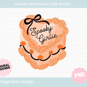 May include: A digital design featuring a heart-shaped garland in shades of orange, adorned with small pumpkins and fall leaves. The text "Spooky Girlie" is written in a script font, with a black bow at the top. The design includes the text "instant download | png design".