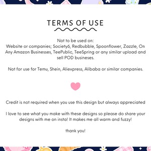 Pu&ograve; includere: Una carta bianca con il testo "TERMS OF USE" in un carattere nero ed elegante. La carta include un elenco di usi vietati, un cuore rosa e un messaggio di ringraziamento. Lo sfondo &egrave; blu scuro con elementi decorativi.