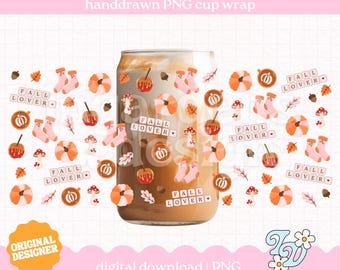 Fall Lover Cup Wrap PNG, Hand Drawn Libbey Glass Can Design (Digital Download)