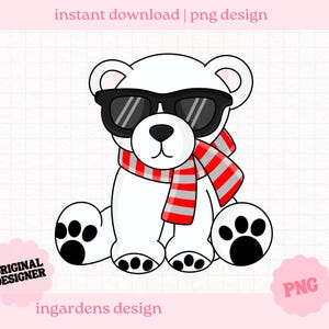 May include: A cartoon polar bear wearing black sunglasses and a red and gray scarf. The bear has black paw pads and is sitting down. The image includes the text "instant download | png design", "original designer", and "ingardens design".