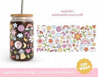Doodles Cup Wrap, Hand-drawn Doodles 16oz Glass Can Wrap, Glass Cup Svg, Libby glass can wrap
