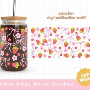 Strawberry Bow Summer Cup Wrap, Hand-drawn Summer 16oz Glass Can Wrap, Glass Cup Svg, Libby glass can wrap