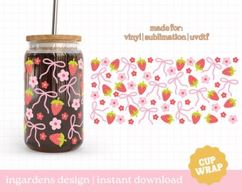 Envoltura de vaso de verano con lazo de fresa, envoltura de lata de vidrio de 16 oz de verano dibujada a mano, vaso de vidrio Svg, envoltura de lata de vidrio Libby