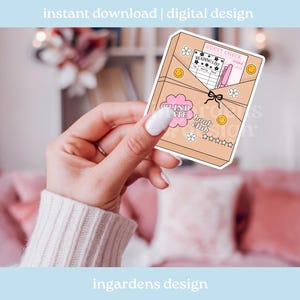 May include: A digital design featuring a tan envelope with a black bow, holding a reading list, guest check, and a pink pen. The design includes the text "Blind Date Book Club" and decorative elements like flowers and smiley faces. The words "instant download | digital design" are at the top.