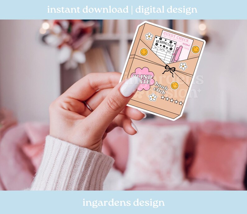 May include: A digital design featuring a tan envelope with a black bow, holding a reading list, guest check, and a pink pen. The design includes the text "Blind Date Book Club" and decorative elements like flowers and smiley faces. The words "instant download | digital design" are at the top.