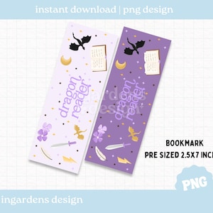 Puede incluir: Dos marcapáginas rectangulares con temática de fantasía. Uno es lavanda, el otro morado. Cada uno presenta un dragón, un libro abierto, estrellas y las palabras "dragon reader". Los marcapáginas miden 6,35 cm x 17,78 cm.