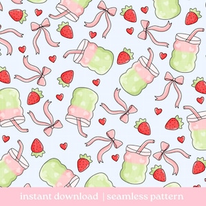 Erdbeer Matcha Musterdesign, süßes Girlie Matcha Muster, digitaler Download, Rapportmuster