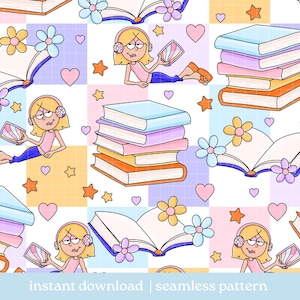 Puede incluir: Patrón sin costuras con ilustraciones de dibujos animados de libros, chicas con auriculares, flores, corazones y estrellas. Los libros están apilados en varios tamaños y colores. El texto "instant download | seamless pattern" está en la parte inferior.