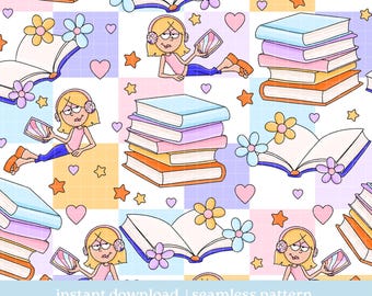 Bookish Girlie Lizzie PNG Pattern, Seamless pattern, Digital Download, Repeat Pattern