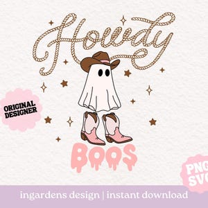 Howdy Boos PNG SVG、Cowboy Ghost svg png、Howdy svg png、Halloween Fall Design、Cute Ghost svg png、Tシャツやステッカーなどのデザイン