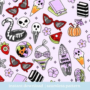 May include: Seamless pattern with a light purple background featuring various spooky summer elements. Includes heart-shaped sunglasses, ice cream cones, a swan, a pumpkin, a surfboard with text, and a bikini. Also includes the text "instant download | seamless pattern".