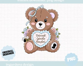 Dearest Reader Teddybear PNG, Regency Bookish Design, Digital Download