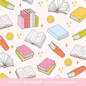 Bright Bookish Seamless Pattern, Bookish Pattern, Digital Download, Seamless Pattern, Repeat Pattern