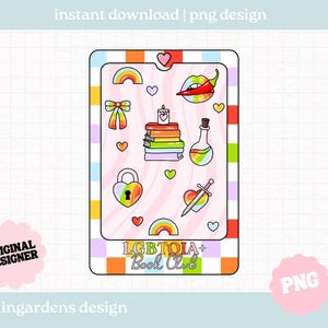 May include: A digital design featuring a collection of colorful illustrations. Includes a rainbow, bow, heart-shaped lock, lips with a chili pepper, a stack of books, a potion bottle, a heart with a sword, and the text "LGBTOIA+ Book Club".