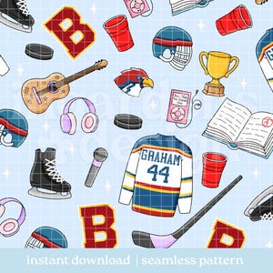 May include: Seamless pattern with various illustrations on a light blue background. Includes a hockey jersey, skates, a guitar, headphones, a trophy, a microphone, a hockey stick, and other school-themed elements. The text "instant download | seamless pattern" is at the bottom.