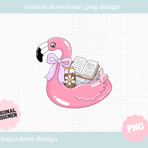 May include: A pink flamingo float illustration with a black beak and a light purple bow. The float holds an open book, a jar of iced coffee, and a starfish. Text reads "instant download | png design" and "original designer".