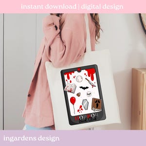 May include: A white tote bag with a black tablet design. The design includes horror-themed illustrations such as a bloody knife, a bat, and a skull. The text "HORROR Book Club" is at the bottom. The words "instant download | digital design" are at the top.