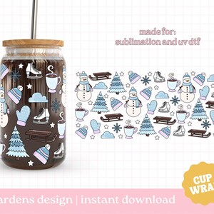 Snow Day Winter Cup Wrap PNG, 16oz Glass Can Wrap, Cute Winter Cup Wrap PNG, Glass Cup, Libby glass can wrap