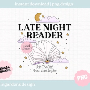 Lector nocturno PNG, PNG de libros, PNG de libros de fantasía, Arte digital descargable para camisetas, pegatinas, tazas y más