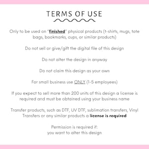 May include: A white rectangular sign with rounded corners and a pink border displaying black text titled TERMS OF USE. The text outlines usage policies for finished physical products, digital file restrictions, small business limits, and licensing requirements.