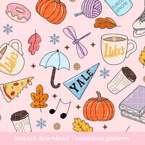 May include: A seamless pattern on a light pink background featuring illustrations of orange pumpkins, Luke's mugs, Yale pennants, coffee cups, pizza slices, books, ice skates, umbrellas, dragonflies, yarn, leaves, snowflakes, and music notes.