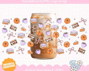 Cute Autumn Cup Wrap PNG, Hand Drawn Libbey Glass Can Design (Digital Download)