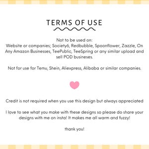 a text box with a pink heart symbol, and it contains a list of terms of use for a design service.